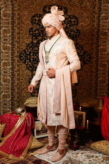Yajy By Aditya Jain_Pink Raw Silk, Handloom Silk, Stretch Cotton Floral Embroidered Sherwani Set_Online_at_Aza_Fashions