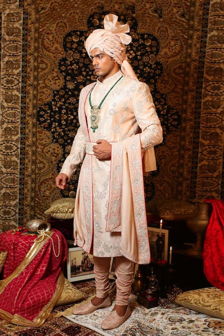 Buy_Yajy By Aditya Jain_Pink Raw Silk, Handloom Silk, Stretch Cotton Floral Embroidered Sherwani Set_Online_at_Aza_Fashions