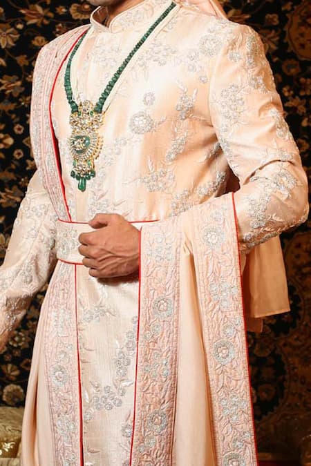 Shop_Yajy By Aditya Jain_Pink Raw Silk, Handloom Silk, Stretch Cotton Floral Embroidered Sherwani Set_Online_at_Aza_Fashions