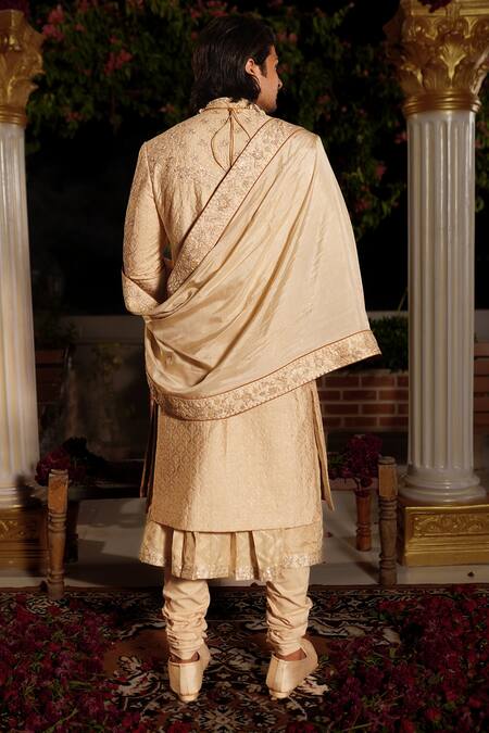 Shop Yajy By Aditya Jain Ivory Churidar Stretch Cotton, Kurta And Dupatta Silk, Hanu Embroidered Set at Aza Fashions Shop_Yajy By Aditya Jain_Ivory Churidar Stretch Cotton, Kurta And Dupatta Silk, Hanu Embroidered Set _at_Aza_Fashions