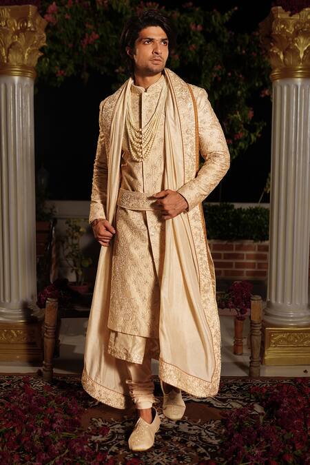 Yajy By Aditya Jain Ivory Churidar Stretch Cotton, Kurta And Dupatta Silk, Hanu Embroidered Set Online at Aza Fashions Yajy By Aditya Jain_Ivory Churidar Stretch Cotton, Kurta And Dupatta Silk, Hanu Embroidered Set _Online_at_Aza_Fashions