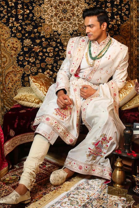 Yajy By Aditya Jain_Blue Raw Silk, Handloom Silk, Stretch Cotton Floral, Embroidered Sherwani Set_Online_at_Aza_Fashions