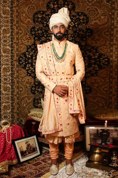 Buy Peach Raw Silk Embroidered Zari Floral Sherwani Set For Men by