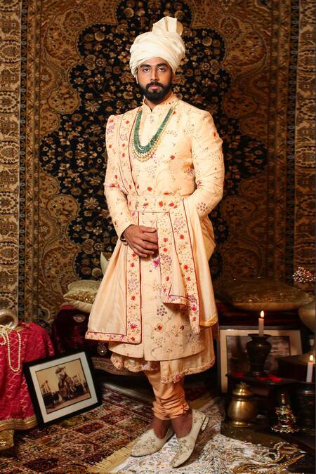 Yajy By Aditya Jain_Peach Raw Silk, Handloom Silk, Stretch Cotton Floral, Embroidered Sherwani Set_Online_at_Aza_Fashions
