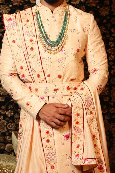 Buy_Yajy By Aditya Jain_Peach Raw Silk, Handloom Silk, Stretch Cotton Floral, Embroidered Sherwani Set_Online_at_Aza_Fashions