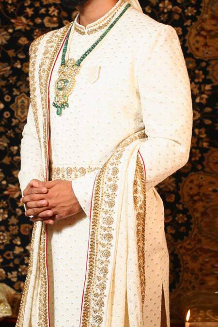 Buy Yajy By Aditya Jain White Raw Silk, Handloom Silk, Stretch Cotton Floral Chikankari Sherwani Set Online at Aza Fashions Buy_Yajy By Aditya Jain_White Raw Silk, Handloom Silk, Stretch Cotton Floral Chikankari Sherwani Set_Online_at_Aza_Fashions