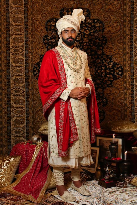 Yajy By Aditya Jain_White Raw Silk, Handloom Silk, Stretch Cotton Floral Embroidered Sherwani Set _Online_at_Aza_Fashions