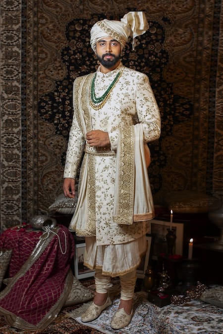 Shop Yajy By Aditya Jain White Raw Silk, Handloom Silk, Stretch Cotton Floral Embroidered Sherwani Set at Aza Fashions Shop_Yajy By Aditya Jain_White Raw Silk, Handloom Silk, Stretch Cotton Floral Embroidered Sherwani Set_at_Aza_Fashions