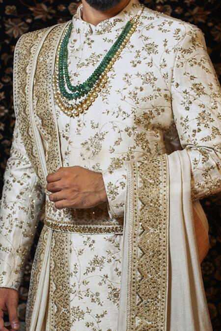 Yajy By Aditya Jain White Raw Silk, Handloom Silk, Stretch Cotton Floral Embroidered Sherwani Set Online at Aza Fashions Yajy By Aditya Jain_White Raw Silk, Handloom Silk, Stretch Cotton Floral Embroidered Sherwani Set_Online_at_Aza_Fashions
