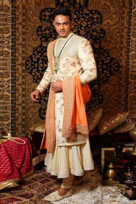 Yajy By Aditya Jain_White Raw Silk, Handloom Silk, Stretch Cotton Floral Embroidered Sherwani Set_Online_at_Aza_Fashions