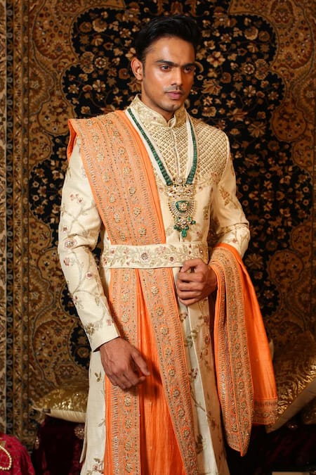 Buy_Yajy By Aditya Jain_White Raw Silk, Handloom Silk, Stretch Cotton Floral Embroidered Sherwani Set_Online_at_Aza_Fashions