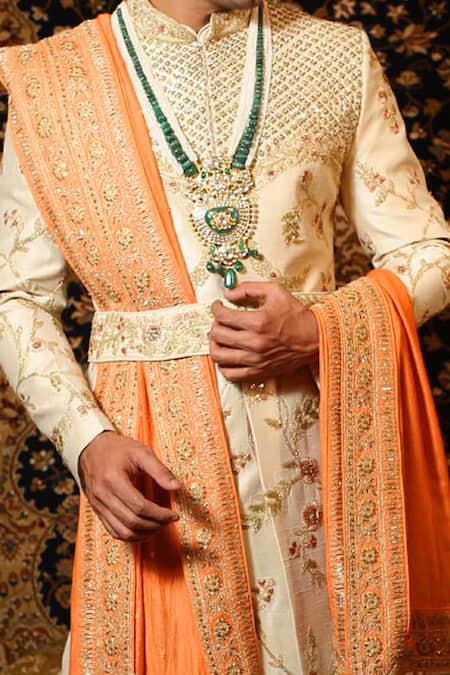Shop_Yajy By Aditya Jain_White Raw Silk, Handloom Silk, Stretch Cotton Floral Embroidered Sherwani Set_Online_at_Aza_Fashions