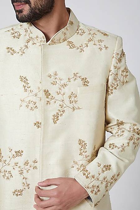 Yajy By Aditya Jain_White Raw Silk Embroidered Sherwani _Online_at_Aza_Fashions
