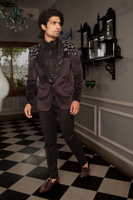 Yajy By Aditya Jain Black Shirt Shinning Fabric, Trousers Italian Suiting, Tuxedo Artha Set 