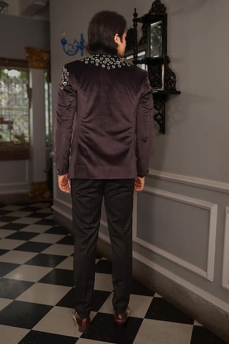 Shop Yajy By Aditya Jain Black Shirt Shinning Fabric, Trousers Italian Suiting, Tuxedo Artha Set at Aza Fashions Shop_Yajy By Aditya Jain_Black Shirt Shinning Fabric, Trousers Italian Suiting, Tuxedo Artha Set _at_Aza_Fashions