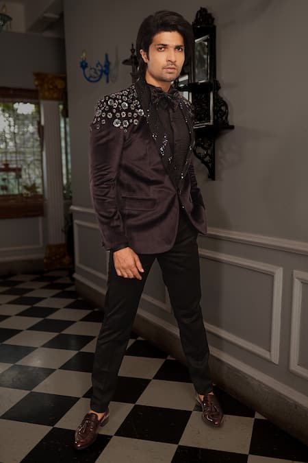 Buy Yajy By Aditya Jain Black Shirt Shinning Fabric, Trousers Italian Suiting, Tuxedo Artha Set Online at Aza Fashions Buy_Yajy By Aditya Jain_Black Shirt Shinning Fabric, Trousers Italian Suiting, Tuxedo Artha Set _Online_at_Aza_Fashions