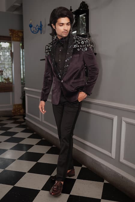 Shop Yajy By Aditya Jain Black Shirt Shinning Fabric, Trousers Italian Suiting, Tuxedo Artha Set Online at Aza Fashions Shop_Yajy By Aditya Jain_Black Shirt Shinning Fabric, Trousers Italian Suiting, Tuxedo Artha Set _Online_at_Aza_Fashions