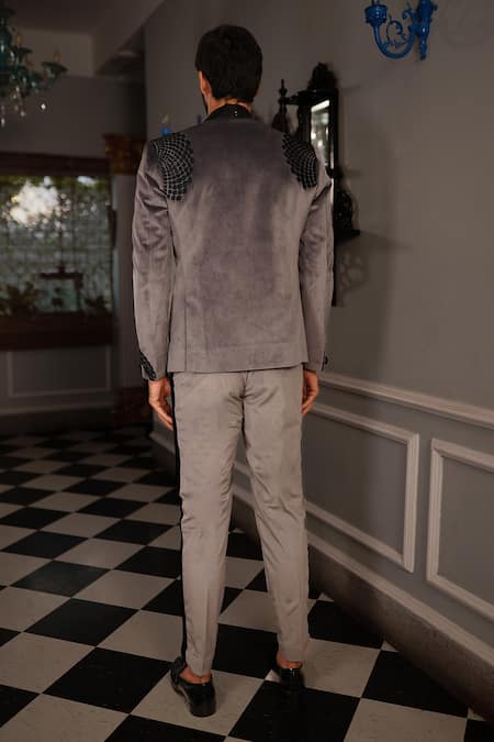 Shop Yajy By Aditya Jain Grey Shirt Shinning Fabric, Trousers Italian Suiting, Tuxedo Suede Vali Set at Aza Fashions Shop_Yajy By Aditya Jain_Grey Shirt Shinning Fabric, Trousers Italian Suiting, Tuxedo Suede Vali Set _at_Aza_Fashions