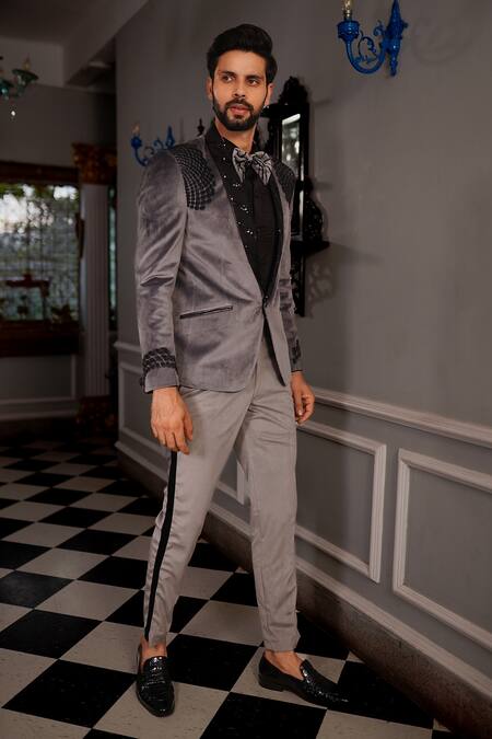 Yajy By Aditya Jain Grey Shirt Shinning Fabric, Trousers Italian Suiting, Tuxedo Suede Vali Set Online at Aza Fashions Yajy By Aditya Jain_Grey Shirt Shinning Fabric, Trousers Italian Suiting, Tuxedo Suede Vali Set _Online_at_Aza_Fashions