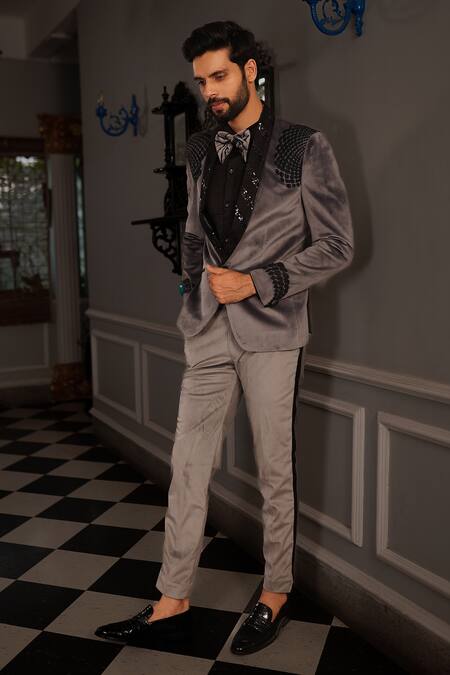 Buy Yajy By Aditya Jain Grey Shirt Shinning Fabric, Trousers Italian Suiting, Tuxedo Suede Vali Set Online at Aza Fashions Buy_Yajy By Aditya Jain_Grey Shirt Shinning Fabric, Trousers Italian Suiting, Tuxedo Suede Vali Set _Online_at_Aza_Fashions