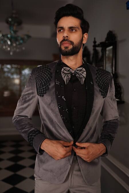 Shop Yajy By Aditya Jain Grey Shirt Shinning Fabric, Trousers Italian Suiting, Tuxedo Suede Vali Set Online at Aza Fashions Shop_Yajy By Aditya Jain_Grey Shirt Shinning Fabric, Trousers Italian Suiting, Tuxedo Suede Vali Set _Online_at_Aza_Fashions