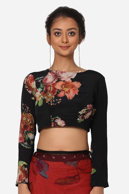 Yam India Black Crepe Blend Floral Print Blouse