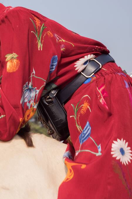 Buy_Yam India_Maroon Crepe Blend Printed Pant Set_Online_at_Aza_Fashions