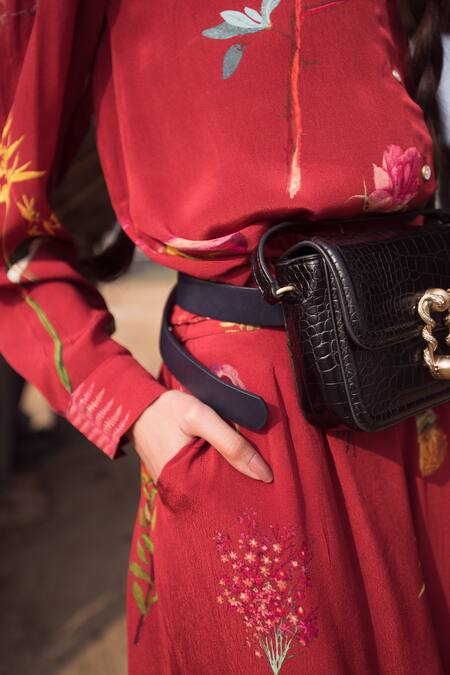 Shop_Yam India_Maroon Crepe Blend Printed Pant Set_Online_at_Aza_Fashions