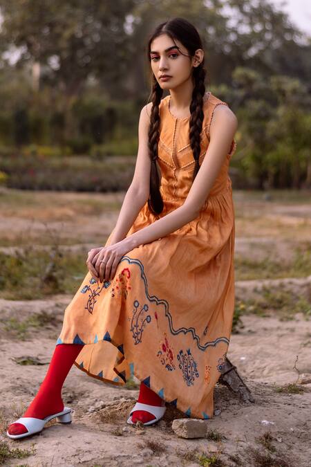 Yam India_Yellow Silk Chanderi Hand-painted Dress_Online_at_Aza_Fashions