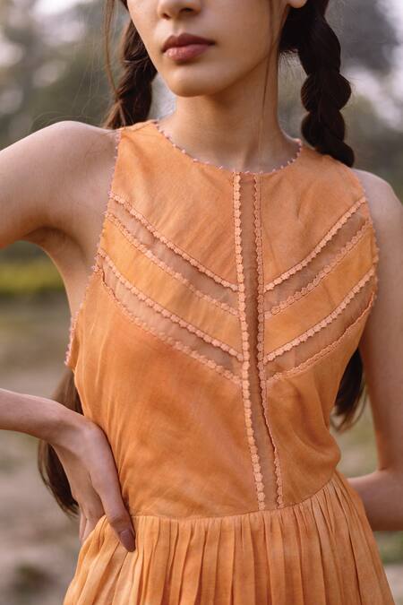 Buy_Yam India_Yellow Silk Chanderi Hand-painted Dress_Online_at_Aza_Fashions