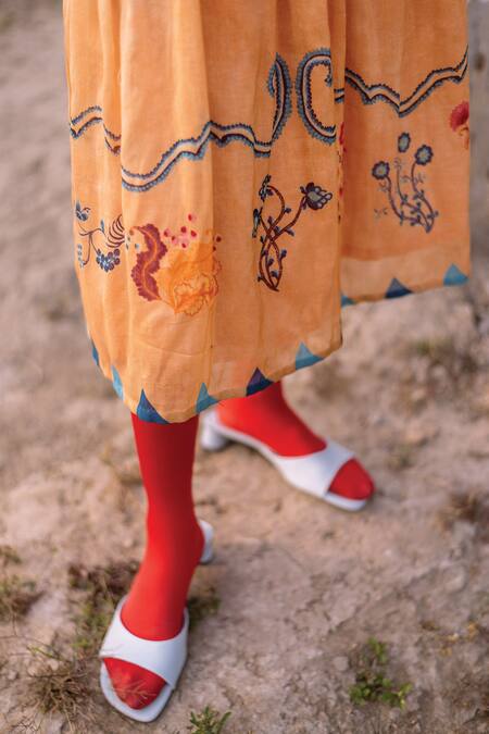 Shop_Yam India_Yellow Silk Chanderi Hand-painted Dress_Online_at_Aza_Fashions