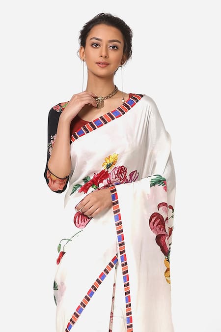Buy_Yam India_White Silk Habutai Hand Painted Saree _Online_at_Aza_Fashions