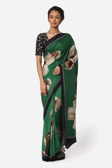 Buy_Yam India_Green Silk Habutai Printed Saree _Online_at_Aza_Fashions