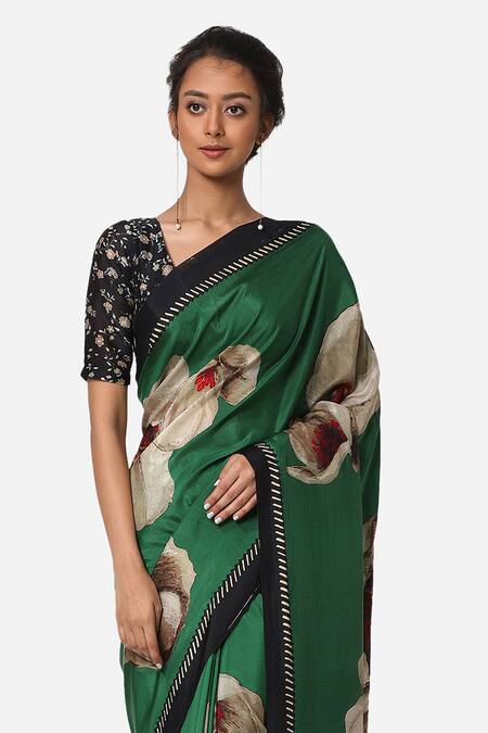 Shop_Yam India_Green Silk Habutai Printed Saree _Online_at_Aza_Fashions