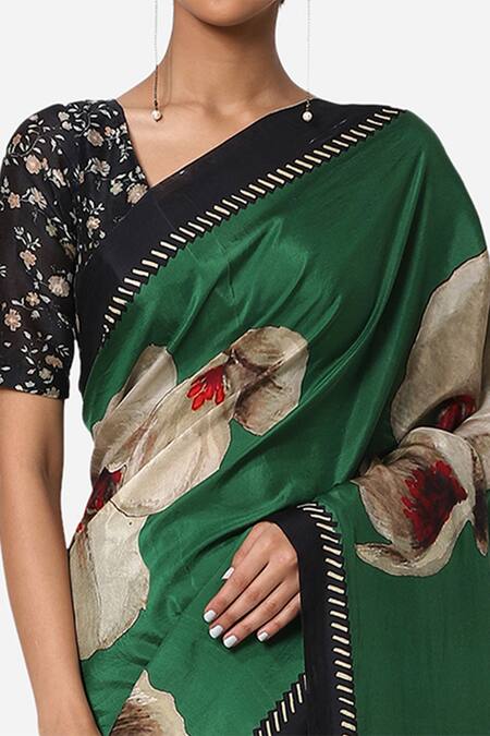 Yam India_Green Silk Habutai Printed Saree _at_Aza_Fashions