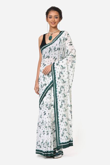 Yam India_White Mulmul Floral Print Saree _Online_at_Aza_Fashions
