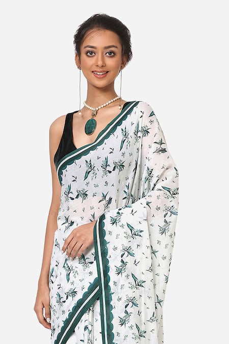 Buy_Yam India_White Mulmul Floral Print Saree _Online_at_Aza_Fashions