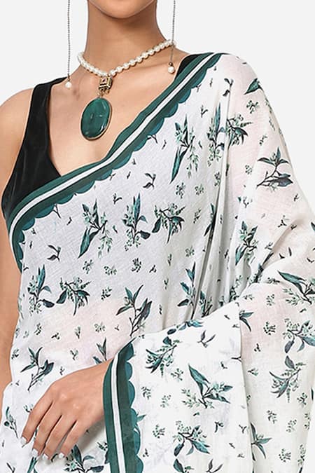 Shop_Yam India_White Mulmul Floral Print Saree _Online_at_Aza_Fashions