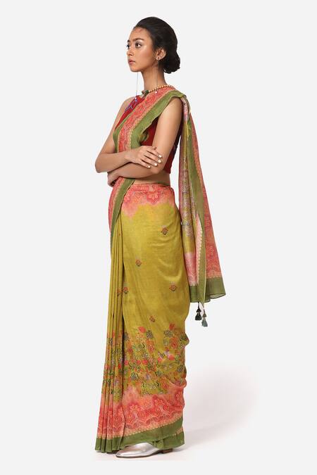 Yam India_Green Silk Chanderi Printed Saree _Online_at_Aza_Fashions