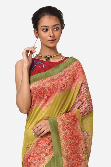 Buy_Yam India_Green Silk Chanderi Printed Saree _Online_at_Aza_Fashions