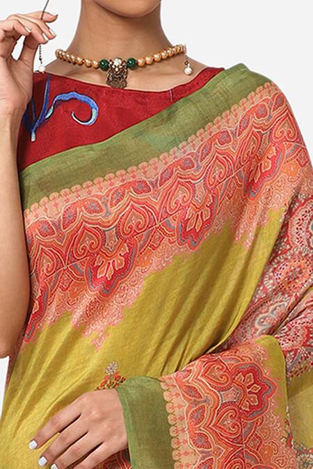 Shop_Yam India_Green Silk Chanderi Printed Saree _Online_at_Aza_Fashions