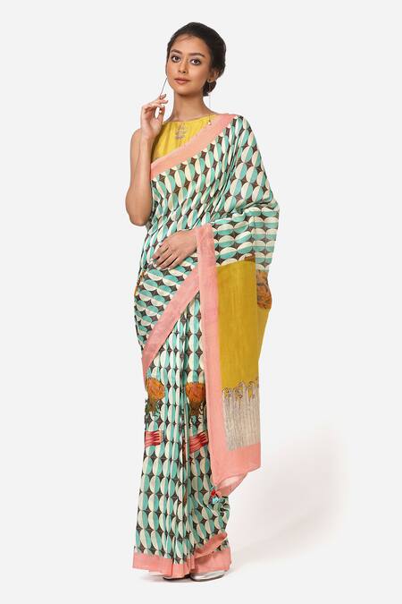 Yam India_Blue Silk Chanderi Printed Saree _Online_at_Aza_Fashions