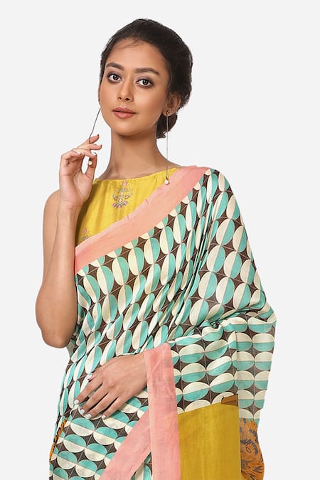 Buy_Yam India_Blue Silk Chanderi Printed Saree _Online_at_Aza_Fashions