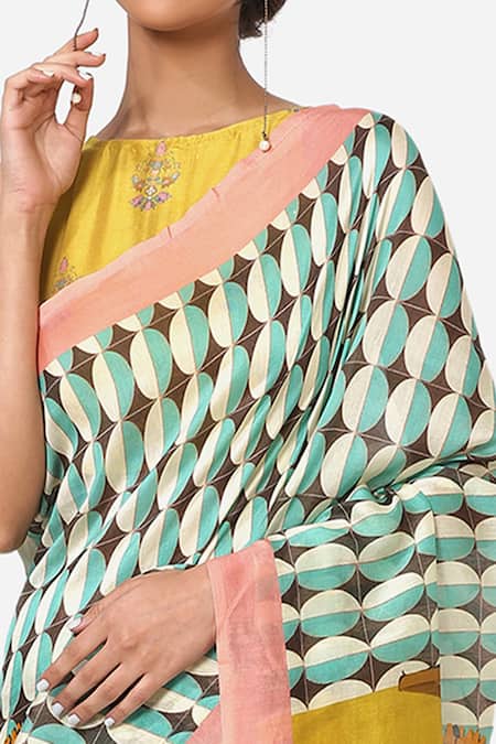 Shop_Yam India_Blue Silk Chanderi Printed Saree _Online_at_Aza_Fashions