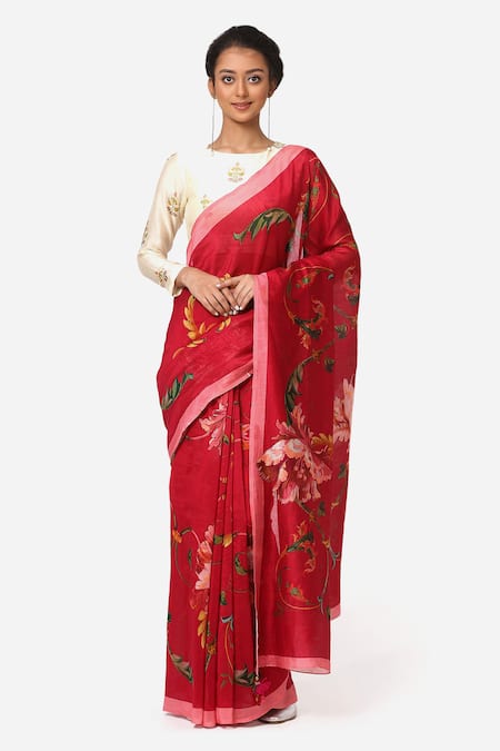 Yam India_Pink Silk Chanderi Printed Saree _Online_at_Aza_Fashions