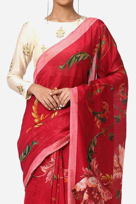 Shop_Yam India_Pink Silk Chanderi Printed Saree _Online_at_Aza_Fashions