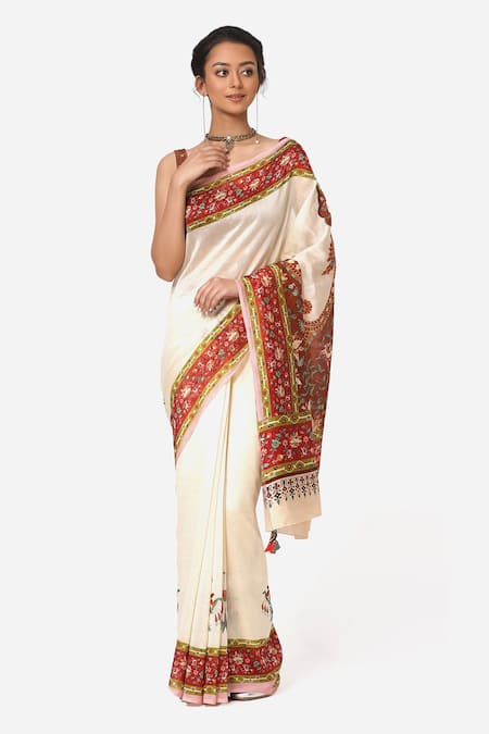 Yam India_White Silk Chanderi Printed Saree _Online_at_Aza_Fashions
