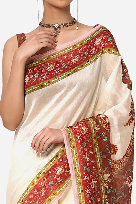 Shop_Yam India_White Silk Chanderi Printed Saree _Online_at_Aza_Fashions