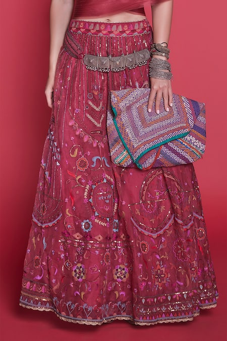 Buy_Jade By Monica & Karishma_Pink Silk, Organza V Neck Top And Lehenga Set _Online_at_Aza_Fashions