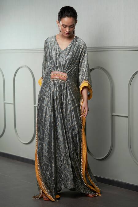 Qbik_Grey 40 Grams Banarasi Silk Embroidery V Neck Kaftan_Online_at_Aza_Fashions